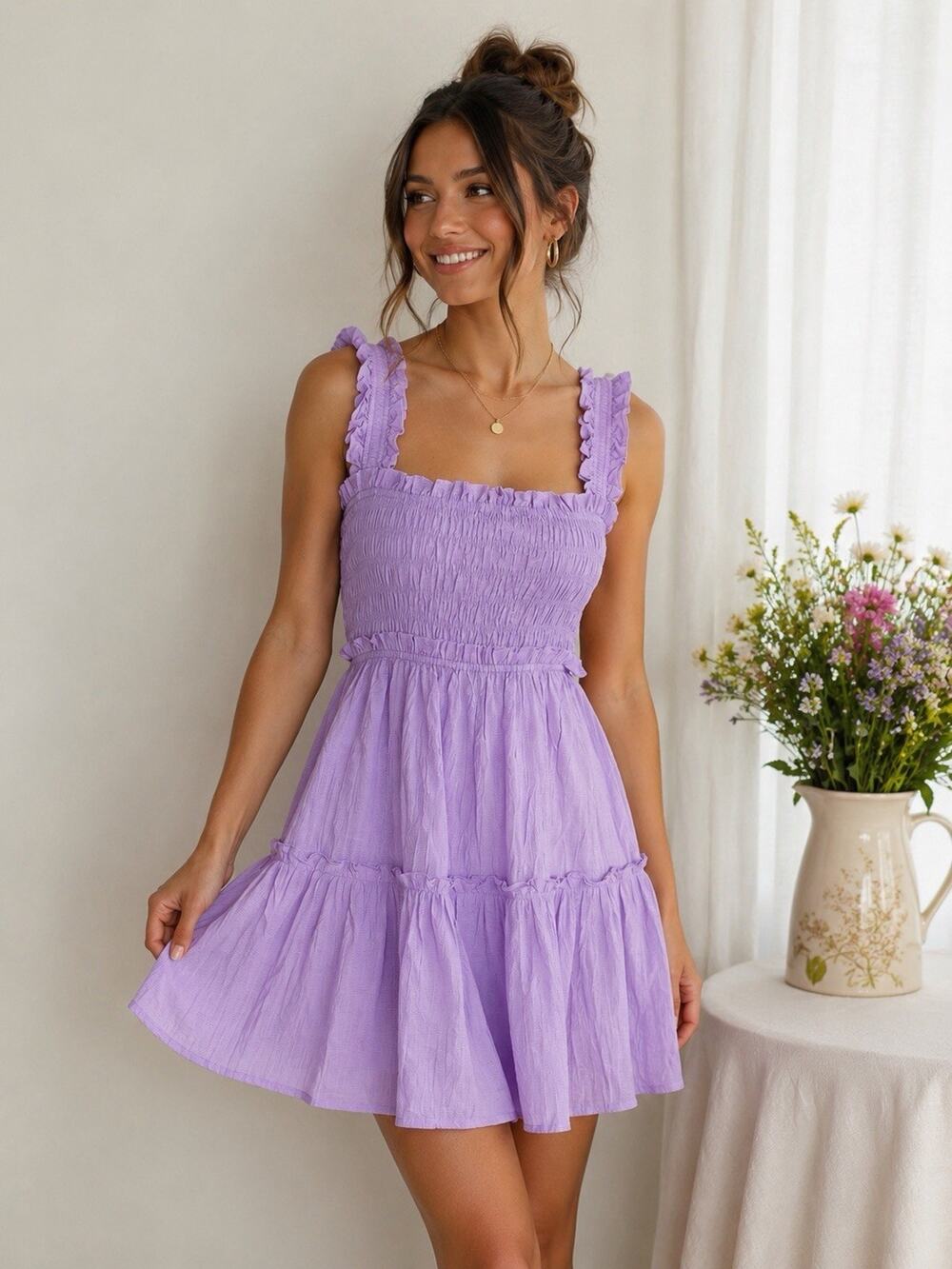 Luna Lavender Smocked Ruffle Strap Tiered Mini Dress Women's Small Cottagecore